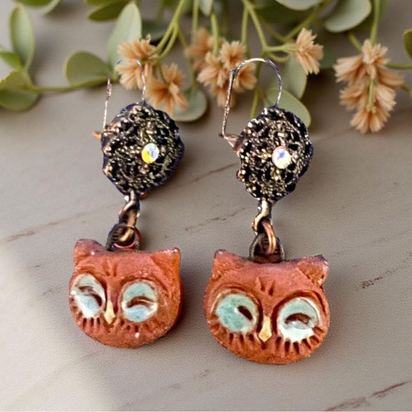 Handmade Owl earrings with rhinestones  Handcrafted NWT - Picture 2 of 10